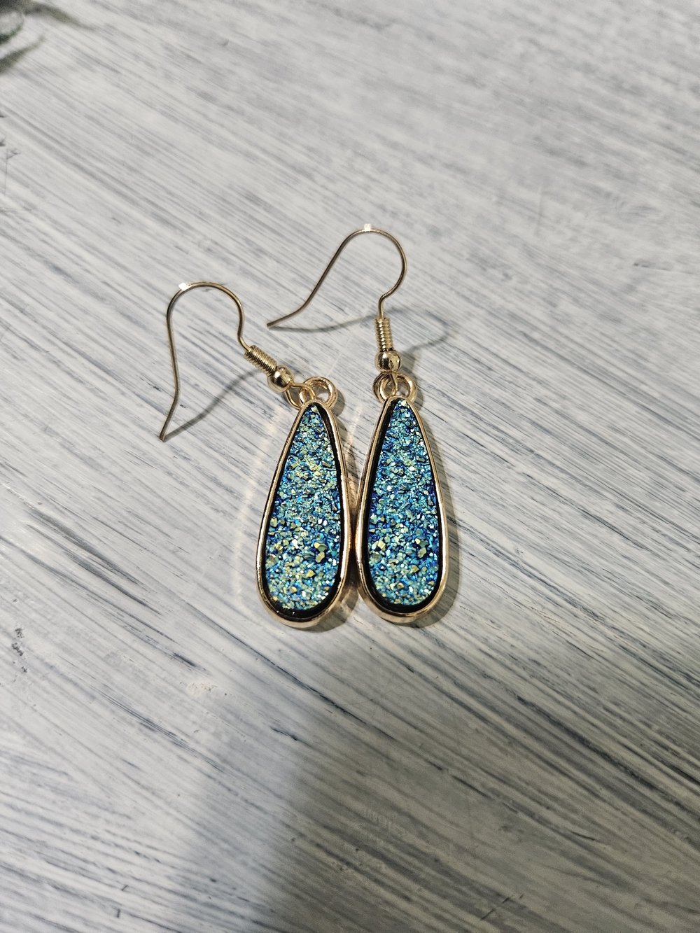 Source Unknown Gold Teardrop Blue Druzy Earrings